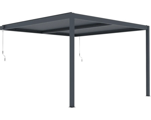 Antracitová hliníková pergola s lamelovou střechou a ruční klikou.