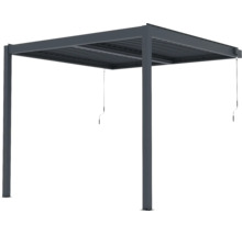 Hliníková pergola s nastavitelnou lamelovou střechou a ruční klikou v antracitové barvě.