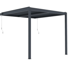 Pergola s nastavitelnou lamelovou střechou a ručními klikami pro ovládání lamel.