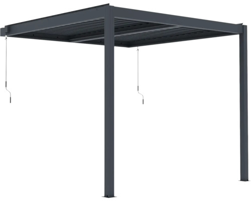 Pergola s nastavitelnou lamelovou střechou a ručními klikami pro ovládání lamel.