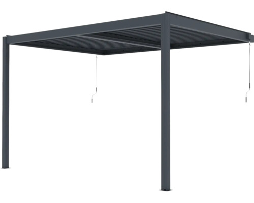 Pergola s nastavitelnou lamelovou střechou a ruční klikou z tmavě šedého hliníku.