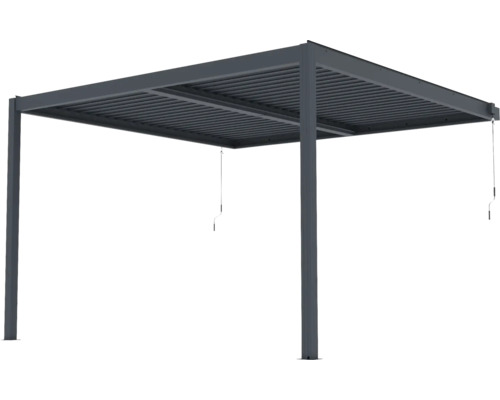 Volně stojící hliníková pergola s nastavitelnou lamelovou střechou v antracitové barvě.