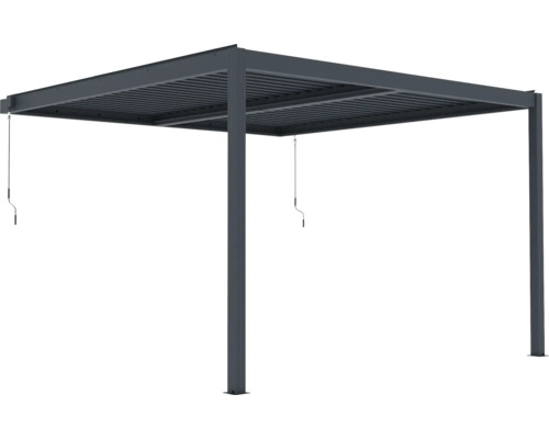 Hliníková pergola v antracitové barvě s nastavitelnou lamelovou střechou a ovládáním na kliku.