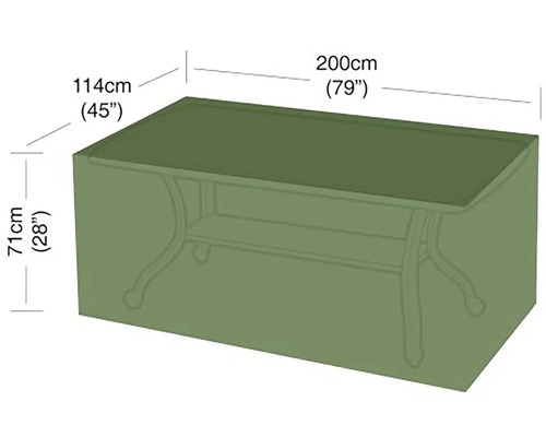 Ochranný kryt na zahradní stůl o rozměrech 200 centimetrů délky, 114 centimetrů šířky a 71 centimetrů výšky.