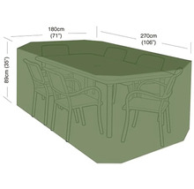 Ochranná plachta na zahradní nábytek o rozměrech 270 na 180 na 89 centimetrů.