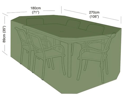 Ochranná plachta na zahradní nábytek o rozměrech 270 na 180 na 89 centimetrů.