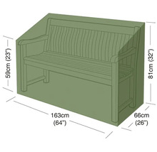 Ochranný obal na zahradní lavici, rozměry 163 centimetrů krát 66 centimetrů, výška vzadu 81 centimetrů a vpředu 59 centimetrů.