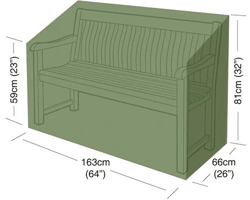 Ochranný obal na zahradní lavici, rozměry 163 centimetrů krát 66 centimetrů, výška vzadu 81 centimetrů a vpředu 59 centimetrů.