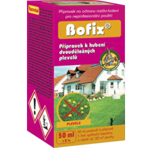 Bofix přípravek k hubení dvouděložných plevelů, 50 mililitrů pro plochu až 125 metrů čtverečních. Varování, nebezpečný pro životní prostředí.