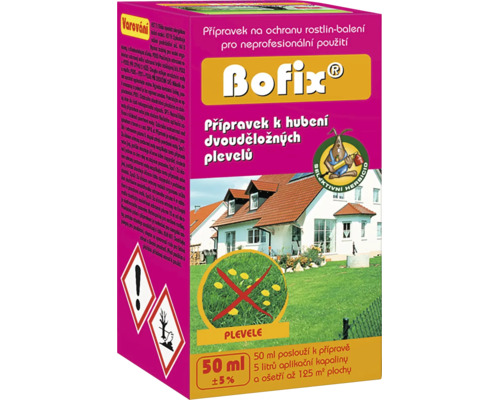 Bofix přípravek k hubení dvouděložných plevelů, 50 mililitrů pro plochu až 125 metrů čtverečních. Varování, nebezpečný pro životní prostředí.