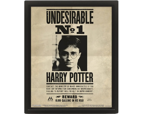 Rámovaný plakát Harry Potter Undesirable číslo 1 ve vintage stylu s černým rámem.