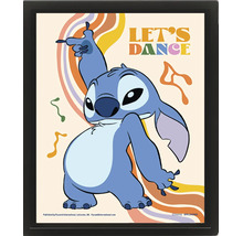 Rámovaný plakát s Disney postavičkou Stitch při tanci, barevnými vlnovkami, nápisem Lets Dance a Disney Logo.