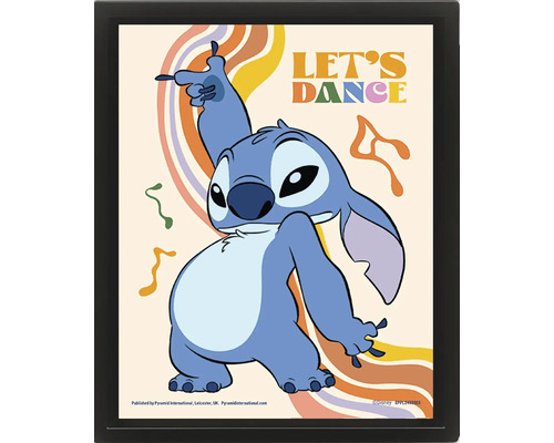Rámovaný plakát s Disney postavičkou Stitch při tanci, barevnými vlnovkami, nápisem Lets Dance a Disney Logo.