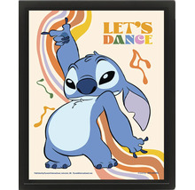 Rámovaný plakát s postavou Disney Stitch, nápis Let's Dance a retro vlnitý vzor.