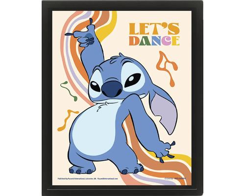 Rámovaný plakát s postavou Disney Stitch, nápis Let's Dance a retro vlnitý vzor.