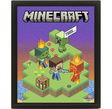 Obraz Minecraft v rámu se Stevem, Creeperem, Zombiem a pracovním stolem v pixelovém stylu