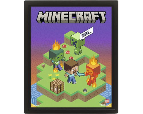 Obraz Minecraft v rámu se Stevem, Creeperem, Zombiem a pracovním stolem v pixelovém stylu