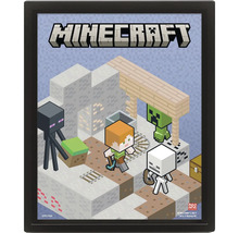 Rámovaný plakát Minecraft s postavami Alex, Enderman, Creeper a kostlivec v izometrické herní scéně.