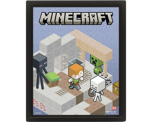 Rámovaný plakát Minecraft s postavami Alex, Enderman, Creeper a kostlivec v izometrické herní scéně.