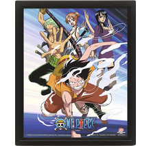 3D lentikulární plakát One Piece s postavami Luffy, Zoro, Nami a Robin v černém rámu s logem One Piece.