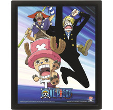 Trojrozměrný plakát One Piece s postavami Usopp, Sanji a Chopper v černém rámu.