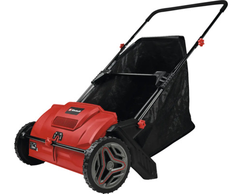 Elektrický vertikutátor Einhell v červené a černé barvě se sběrným košem a kolečky.