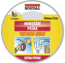 Soudal Logo, montážní páska, 3 vrstvá, 50 milimetrů na 25 metrů, voděodolná, extra pevná, ilustrace použití na potrubí.