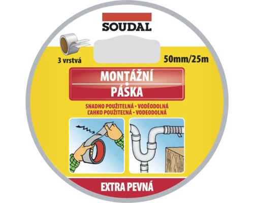 Soudal Logo, montážní páska, 3 vrstvá, 50 milimetrů na 25 metrů, voděodolná, extra pevná, ilustrace použití na potrubí.