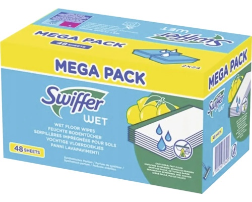 Swiffer Wet Mega Pack se 48 vlhčenými ubrousky na podlahu.