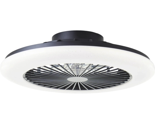 Moderní stropní ventilátor s integrovaným LED světelným kruhem a tmavým krytem.