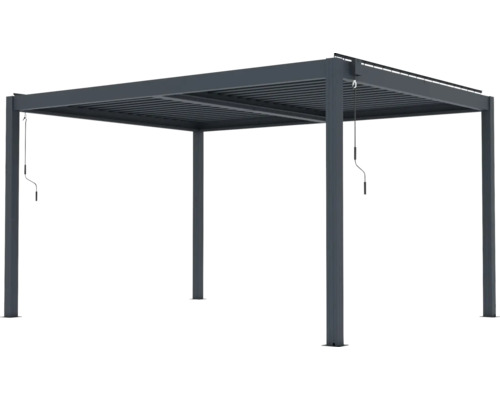 Volně stojící hliníková pergola v antracitové barvě s nastavitelnou lamelovou střechou a klikou.