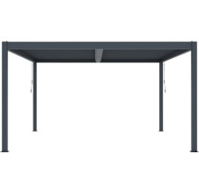 Moderní hliníková pergola s nastavitelnou lamelovou střechou a čtyřmi sloupky.
