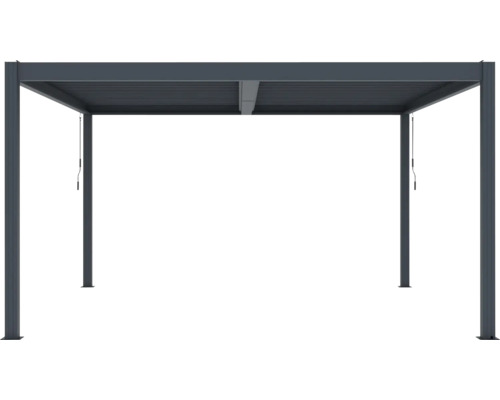 Moderní hliníková pergola s nastavitelnou lamelovou střechou a čtyřmi sloupky.