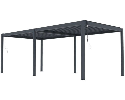 Volně stojící hliníková pergola s nastavitelnou lamelovou střechou a dvěma ručními klikami.