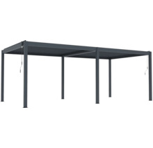 Volně stojící hliníková pergola v antracitové barvě s nastavitelnou lamelovou střechou a šesti sloupky.