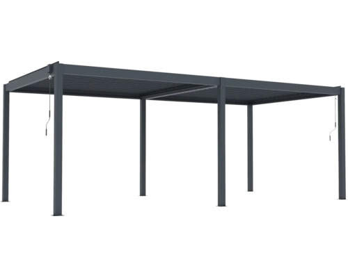 Volně stojící hliníková pergola v antracitové barvě s nastavitelnou lamelovou střechou a šesti sloupky.