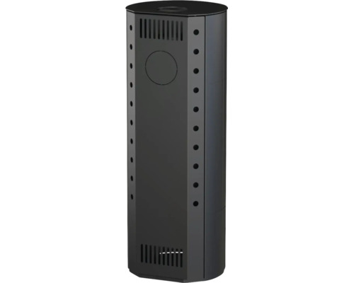 Černý kovový plášť pro topná zařízení nebo nádrže s vertikálními větracími otvory a kulatým výřezem.