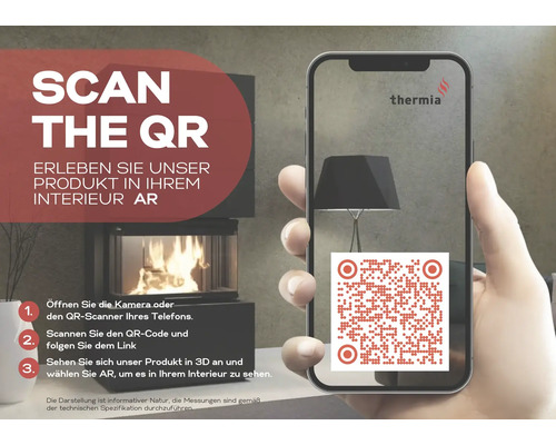Smartphone s QR kódem pro vizualizaci krbu Thermia v rozšířené realitě v interiéru. Thermia Logo.
