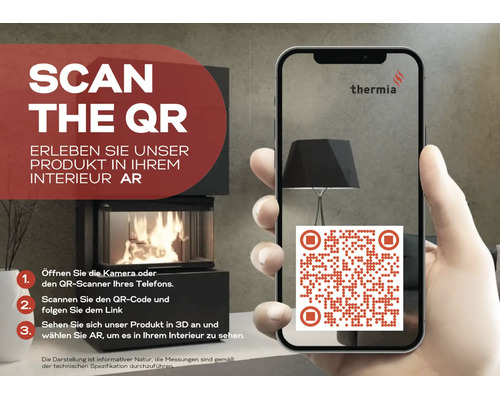 Ruka drží chytrý telefon před hořícími krbovými kamny a skenuje Quick-Response kód pro zobrazení v rozšířené realitě. Thermia Logo.