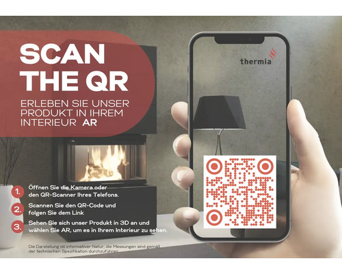 Ruka držící smartphone s QR kódem ke skenování, logo Thermia, pozadí s krbem pro zobrazení v rozšířené realitě.