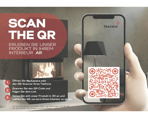 Smartphone zobrazující QR kód pro prohlížení produktu Thermia ve 3D a rozšířené realitě.