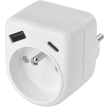 Bílý zásuvkový adaptér se zásuvkou s ochranným kontaktem, jedním USB-A portem a jedním USB-C portem.