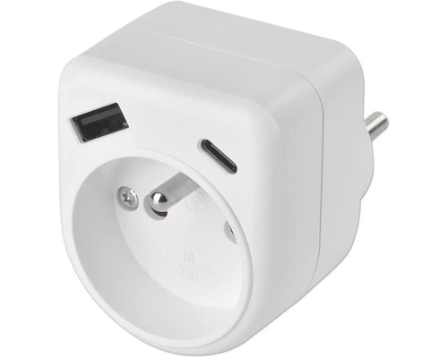 Bílý zásuvkový adaptér se zásuvkou s ochranným kontaktem, jedním USB-A portem a jedním USB-C portem.
