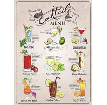Vintage koktejlové menu jako nástěnná dekorace s ilustracemi a recepty na devět klasických nápojů, jako je Mojito a Margarita.