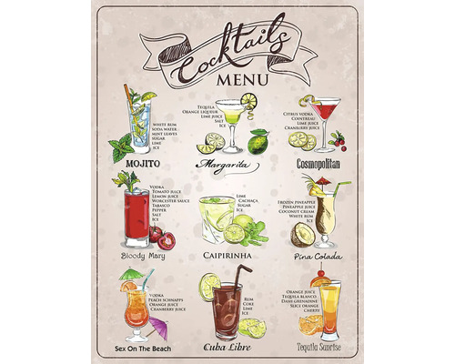 Vintage koktejlové menu jako nástěnná dekorace s ilustracemi a recepty na devět klasických nápojů, jako je Mojito a Margarita.