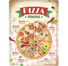 Nástěnná dekorace s ilustrací menu pizzy s různými druhy jako Margarita, Pepperoni a Hawaii.
