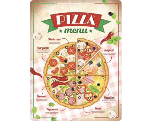 Nástěnná dekorace s ilustrací menu pizzy s různými druhy jako Margarita, Pepperoni a Hawaii.