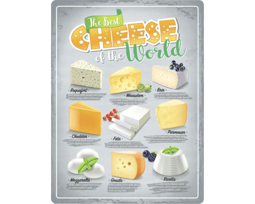 Dekorativní plechová cedule s vyobrazením a popisem sýrů, jako jsou Roquefort, Maasdam, Brie, Cheddar, Feta, Parmazán, Gouda a Ricotta.