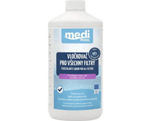 medi POOL Tekutý vločkovač pro všechny typy bazénových filtrů, 1 litr, zajišťuje křišťálově čistou vodu a odstraňuje nečistoty.