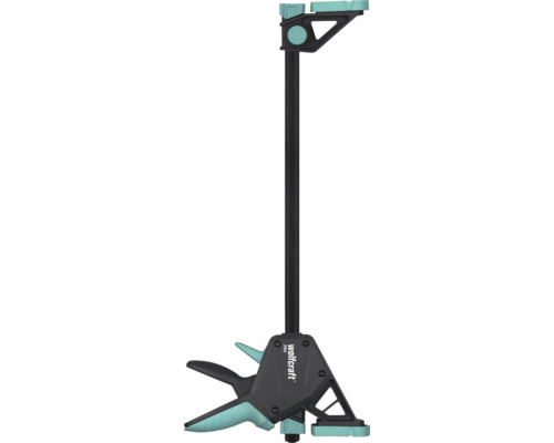Jednoruční svěrka wolfcraft PRO s vodicí lištou a upínacím mechanismem.